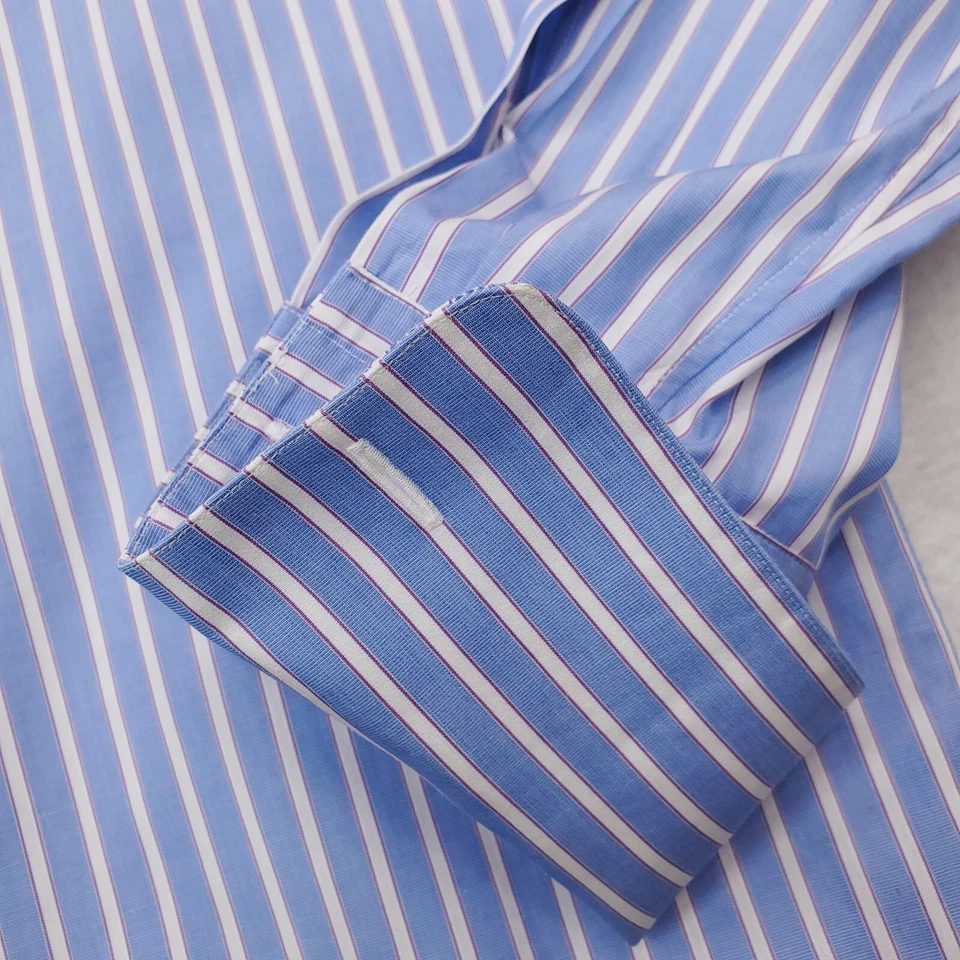 Camisa Salvatore Ferragamo Para Hombre 17 Azul Púrpura Rayas Abotonadas Puño Francés Foto 4 de 4