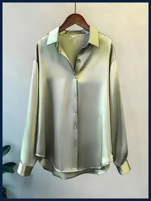 Plus Size Silk Long Sleeve Button-Down Blouse Women Casual Office Top