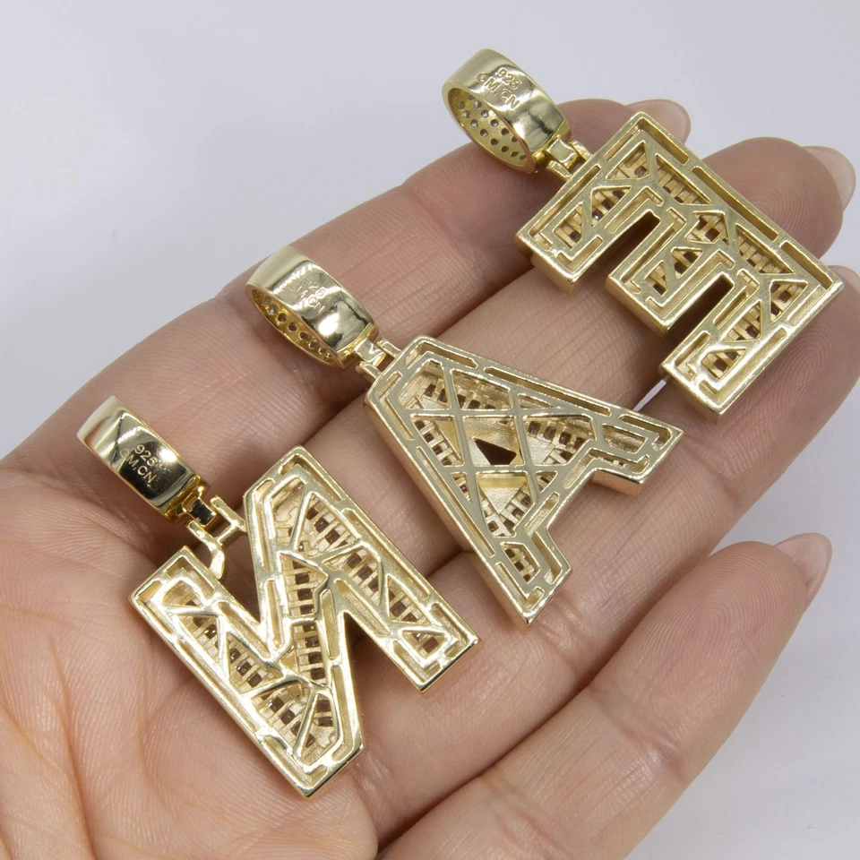 3.8cm Baguette Blocco Iniziale Ciondolo 14K Giallo Placcata Oro Argento Sterling - Immagine 2 di 4