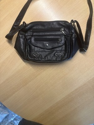 Schwarze Damen Umhängetasche Crossbody aus Leder mit Logo, RV, silberfarben