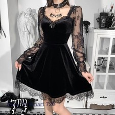 HOT NEW Black Mini Dress Lace Trim High Waist Bodycon Dress Vintage Punk Clothes