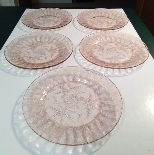 Jeannette Depression Glass Pink Floral Poinsettia 9" Dinner Plates Set of 5