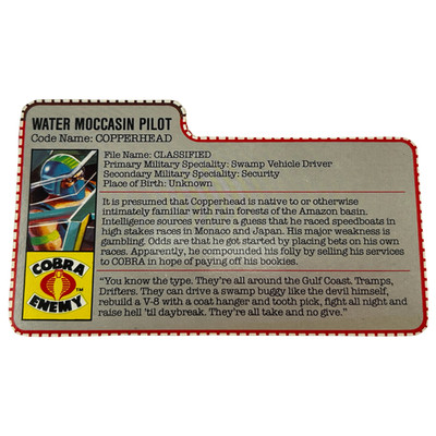 GI Joe, Action Force Copperhead Karteikarte Wassermokassin Pilot 850