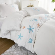 Starfish Coral Embroidery Comforter Set Queen Size Ocean Beach Themed Comfort...