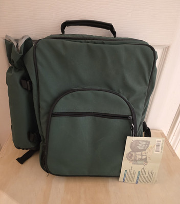 Green Picnic Backpack Set for 4 w/ Plates Flatware Wine Glasses