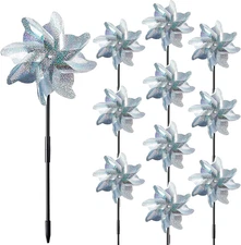 10 Pieces 21 Inches Silver Reflective Pinwheels with Stakes, Windmill Wind Spinn