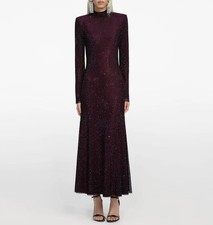 Women Self-Portrait Stand Collar Rhinestone Long Sleeve Midi Dress