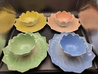 Set of 4 VTG Anchor Hocking/Fire King Pastel Lotus Blossom & Leaf Snack Sets
