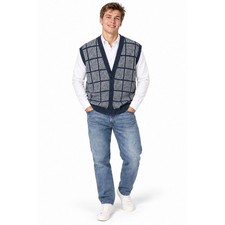 Vintage 80s Sweater Vest Mens XL Navy Windowpane Button Front Grandpacore Preppy