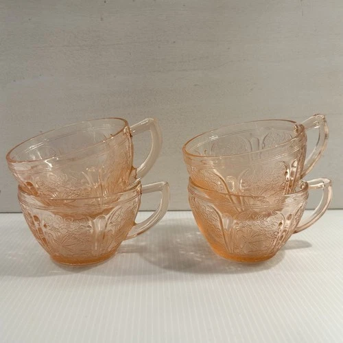 Authentic 1930s Jeannette Pink Cherry Blossom Depression Glass Tea Cups~Set of 4