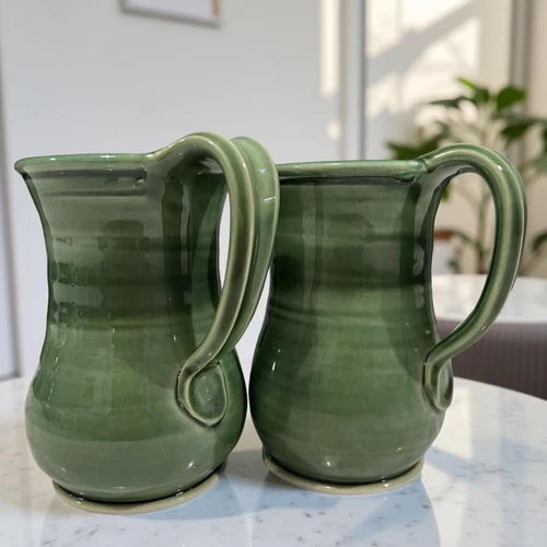 Set of 2 Modern Artisan Pottery Ceramic Mug Green Glazed Coffee Cup - Signed
