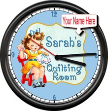 Quilting Room Retro 50's Vintage Girl Sewing Machine Your Name Sign Wall Clock