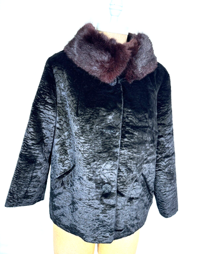 VTG 60’s Sheared Black Persian Lamb Jacket Coat Mink Fur Collar Pockets Sz M - Picture 3 of 20