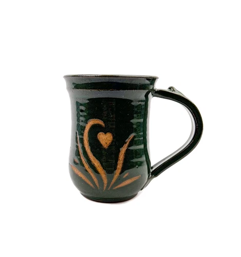 Vintage Handmade Art/Studio Pottery Mug, Made in USA, Dark Green w Heart, Leaves