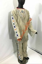 Old Style Beige Buckskin Suede Leather Beaded Fringe Powwow War Shirt Pant AP2