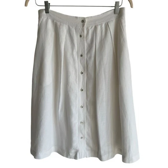 Milly White Linen Blend Button Front Pleated Midi Skirt, Size 10