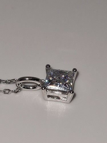 925 18K WHITE GOLD PRINCESS SOLITAIRE MOISSANITE DVVS1 NECKLACE PENDANT - Picture 3 of 6