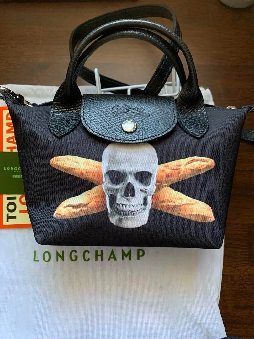LONGCHAMP × Toiletpaper Hand Bag Canvas Black Skull 5.5×6.6