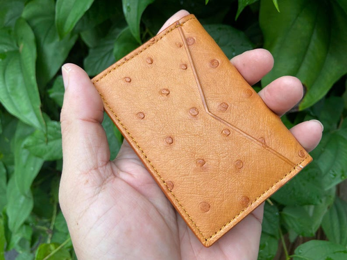 Real Yellow Ostrich Leather Cardholder Minimalist Bifold Unisex Wallet Handmade - Picture 5 of 5