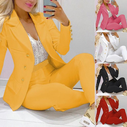 Women Blazer Suits Lapel Outfits Pants Set Formal OL Suit Solid Color Fashion