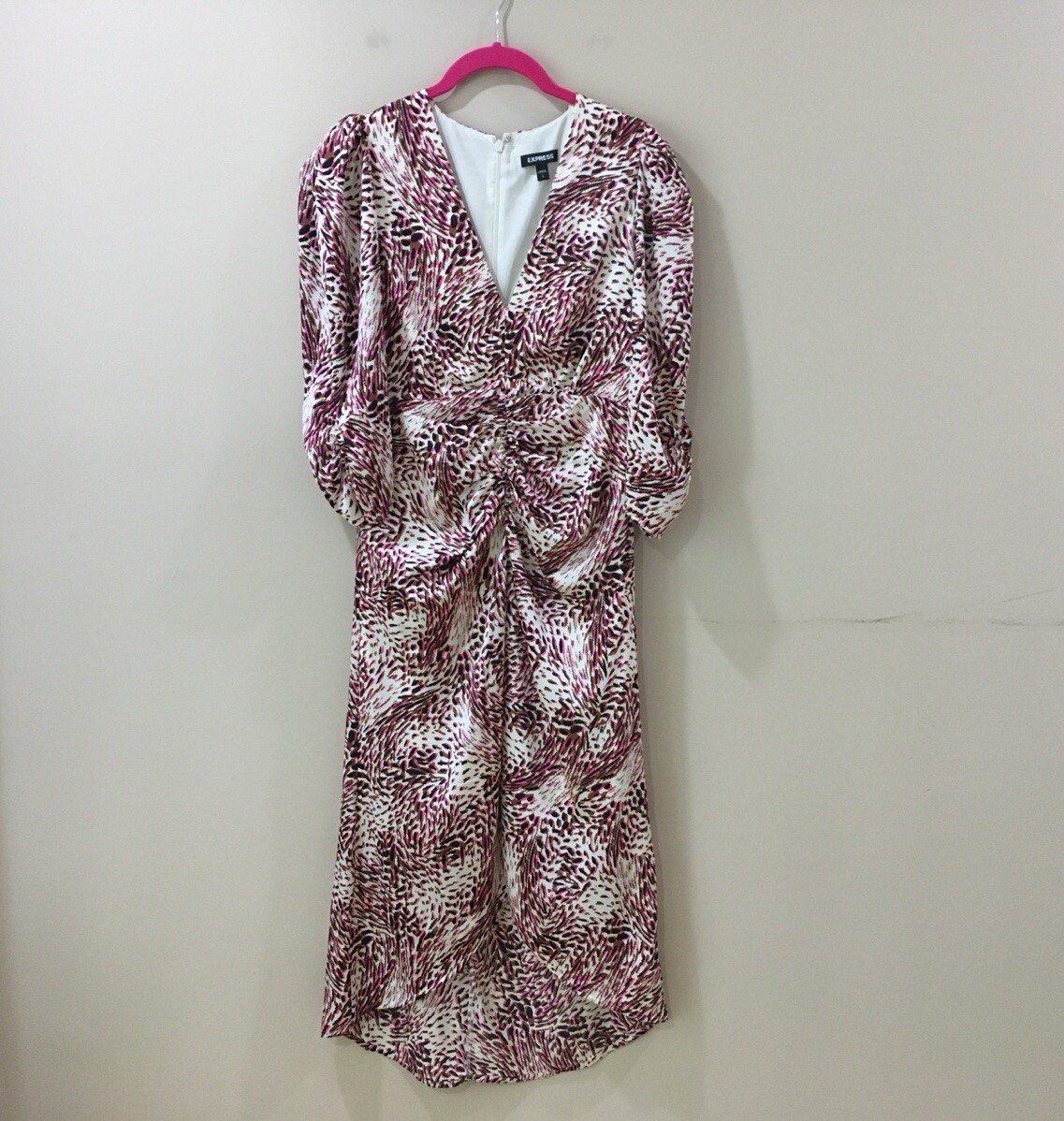 EXPRESS ANIMAL LEOPARD PRINT PUFF SLEEVE RUCHED MIDI DRESS Satin Size S  Womens | eBay