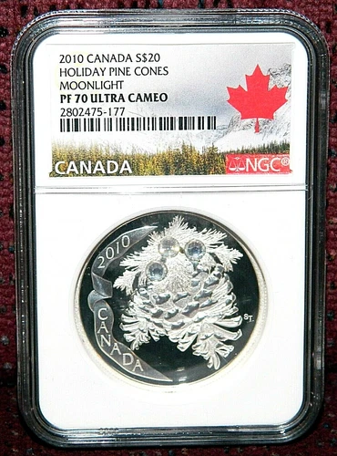 2010 CANADA $20 HOLIDAY PINE CONES: MOONLIGHT W/CRYSTALS NGC PF 70 ULTRA CAMEO