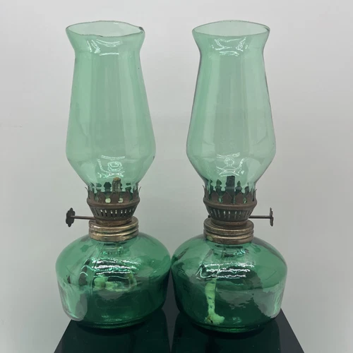 Pair Green Glass Mini Oil Lamp Hurricane Hong Kong Vintage Miniature Set Of 2