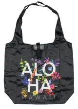 HAWAIIAN BLACK ALOHA HAWAII FLORAL REUSABLE SHOPPING BAG FOLDABLE TOTE