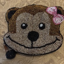 Beaded Brown Bear Face Design Coin Change Purse 5 x 4.5
