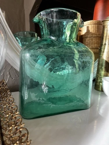 Blenko Glass Green Sea Foam Double Spout Water Bottle Carafe  8" HardWater Spots