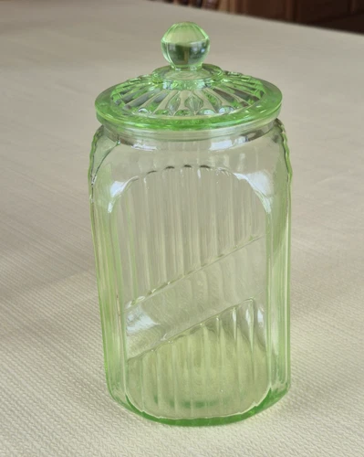 Vintage Uranium Anchor Hocking Glass 8.5” Hoosier Ribbed Canister W/Lid