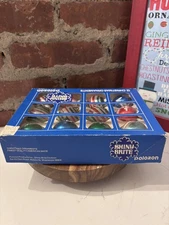 BOX OF 12 SHINY BRITE POLORON STENCILED STRIPED AND COLOR BALL ORNAMENTS