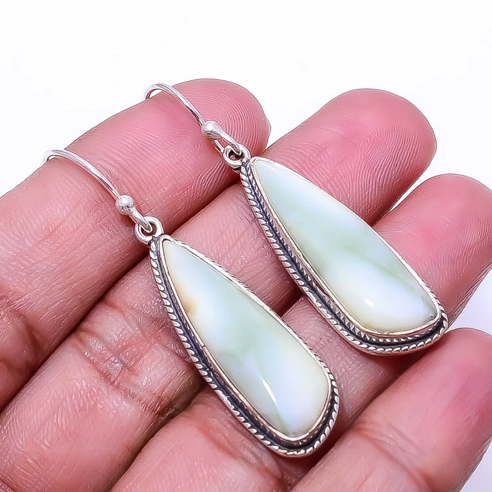 Natural Serpentine Handmade 925 Sterling Silver Earring 1.76" E, Christmas Gift - Image 3 of 4