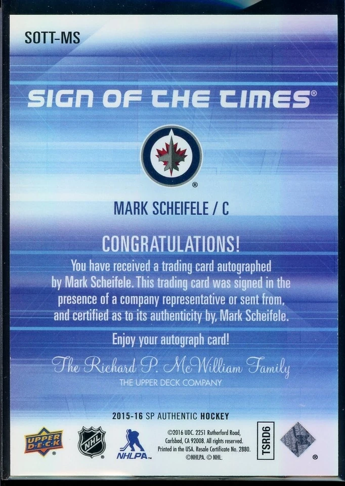 2015-16 SP Authentic Sign of the Times #SOTTMS Mark Scheifele - Image 2 of 2