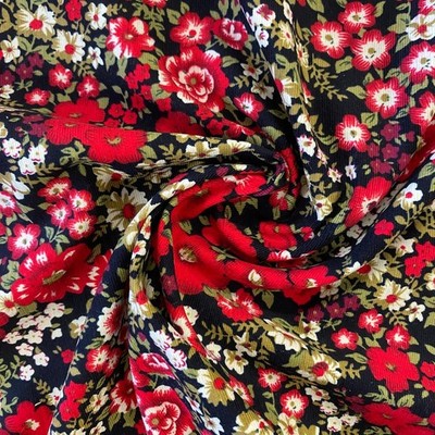 100% HERBSTLICHER BLUMEN BAUMWOLLCORD ROT UND SALBEIGRÜN AUF SCHWARZ 108 CM BREIT