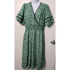 Draper James Medium Smocked Waist Blouson Short Sleeve Midi Dress Green Eyelet