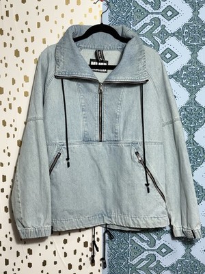 Bershka Men s Lightweight Light Blue Anorak Jacket L Drawstring 1/2 Zip