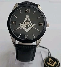 Masonic Men's  Watch  Elegant Black Leather Band Watch New W2668