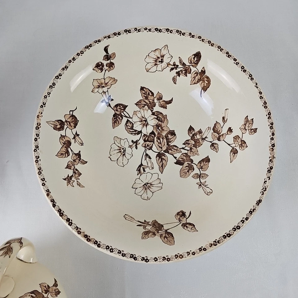 Broc Et Cuvette De Toilette Terre De Fer Sepia 1900s - Photo 2/4