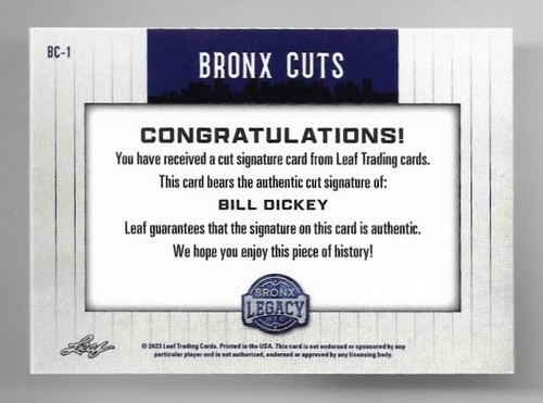 1/1 bill dickey 2023 leaf bronx legacy autograph cut signature auto hof yankees - Picture 2 of 2