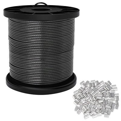 Wire Rope,1/16'' Bare OD,0.078'' Coated Od,Black Vinyl-Coated 304 Stainless Steel