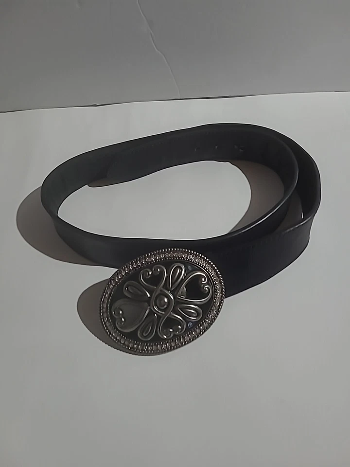 LINEA PELLE Black Leather Silver Tone Tooled Large Front Buckle Belt Sz 36 - Image 4 of 4