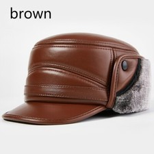 Men Leather Trapper Hat Sheepskin Cap Hunting Aviator Ear Flap Winter Retro Warm