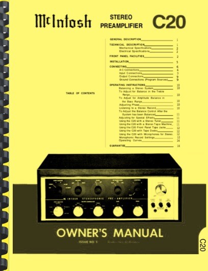 McIntosh C-20 Pre-amplifier OWNER'S MANUAL and SERVICE MANUAL
