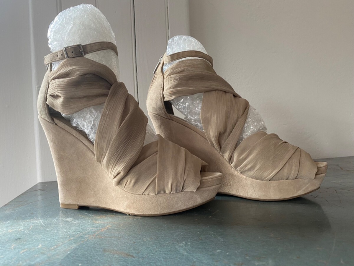 Enzo Angiolini Eaquence Taupe Fabric Wrap Platform Wedge Suede