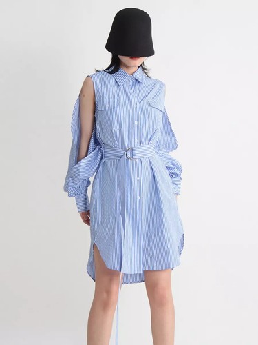 Vestido Mujer Corto Suave Blanco Azul Rayas Cinturón Camiseta 66696
