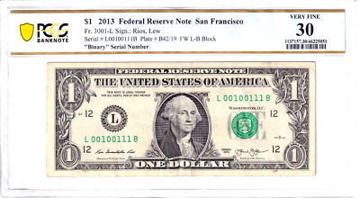 2013 $1 FRN PCGS VF 30 Fancy TRUE 0/1 BINARY Serial #L00100111B