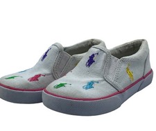 Polo Ralph Lauren Girls White Slip On Canvas Sneakers Multi Color Pony Logo
