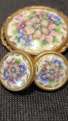 Ensemble De Bijoux Vintage Limoges France - Broche + Boucles D'oreilles - Occasion - Marque Limoge
