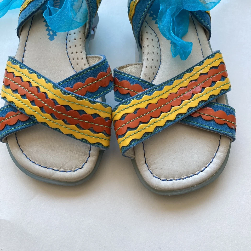 Nuevas Sandalias Naturino Criss Cross Niñas Talla 8 24 Up Cuero Azul Amarillo Encaje Euro Foto 2 de 4